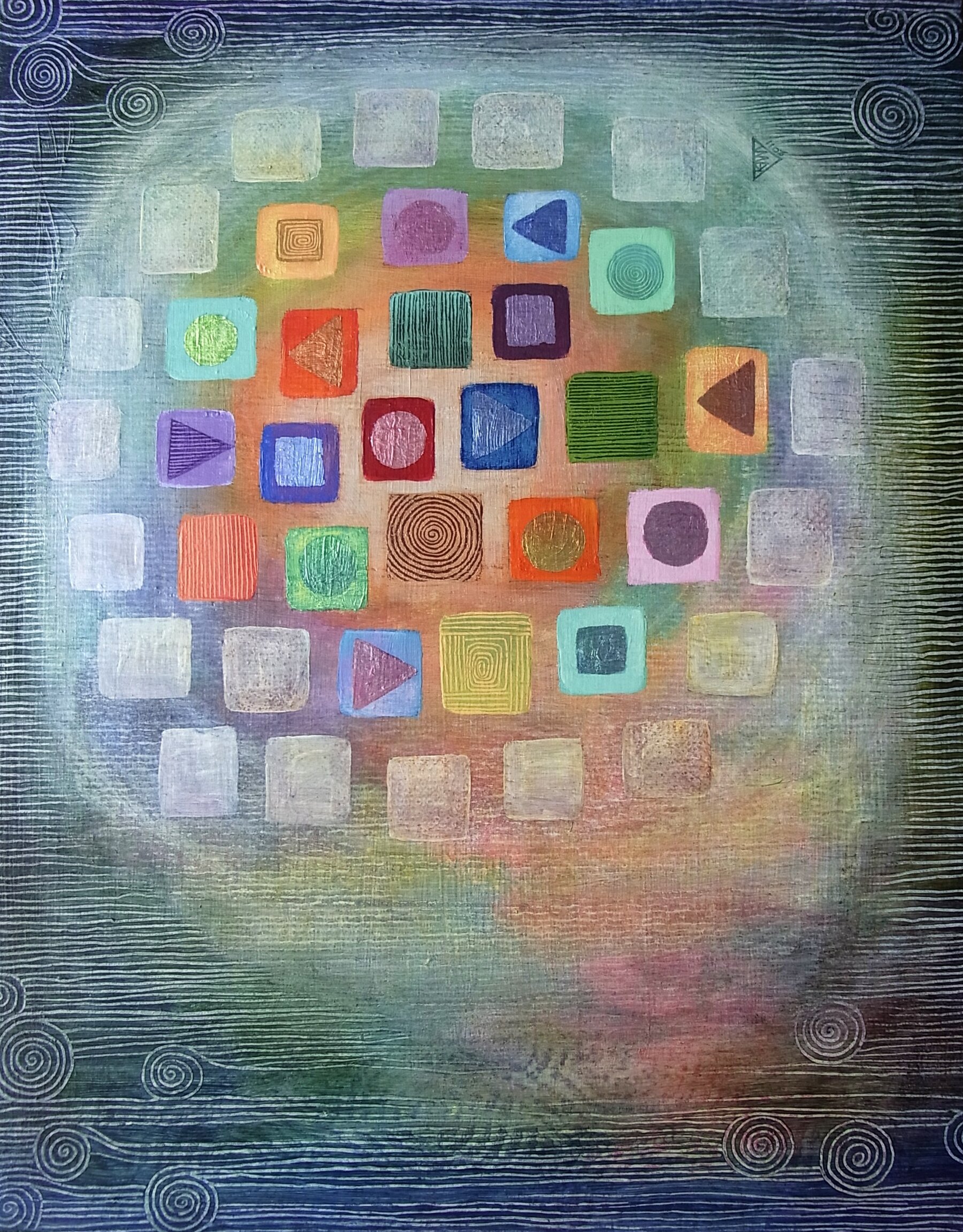 Bild von Jenny Baird — Movement into Meaning, farbige Quadrate auf strukturiertem Grund